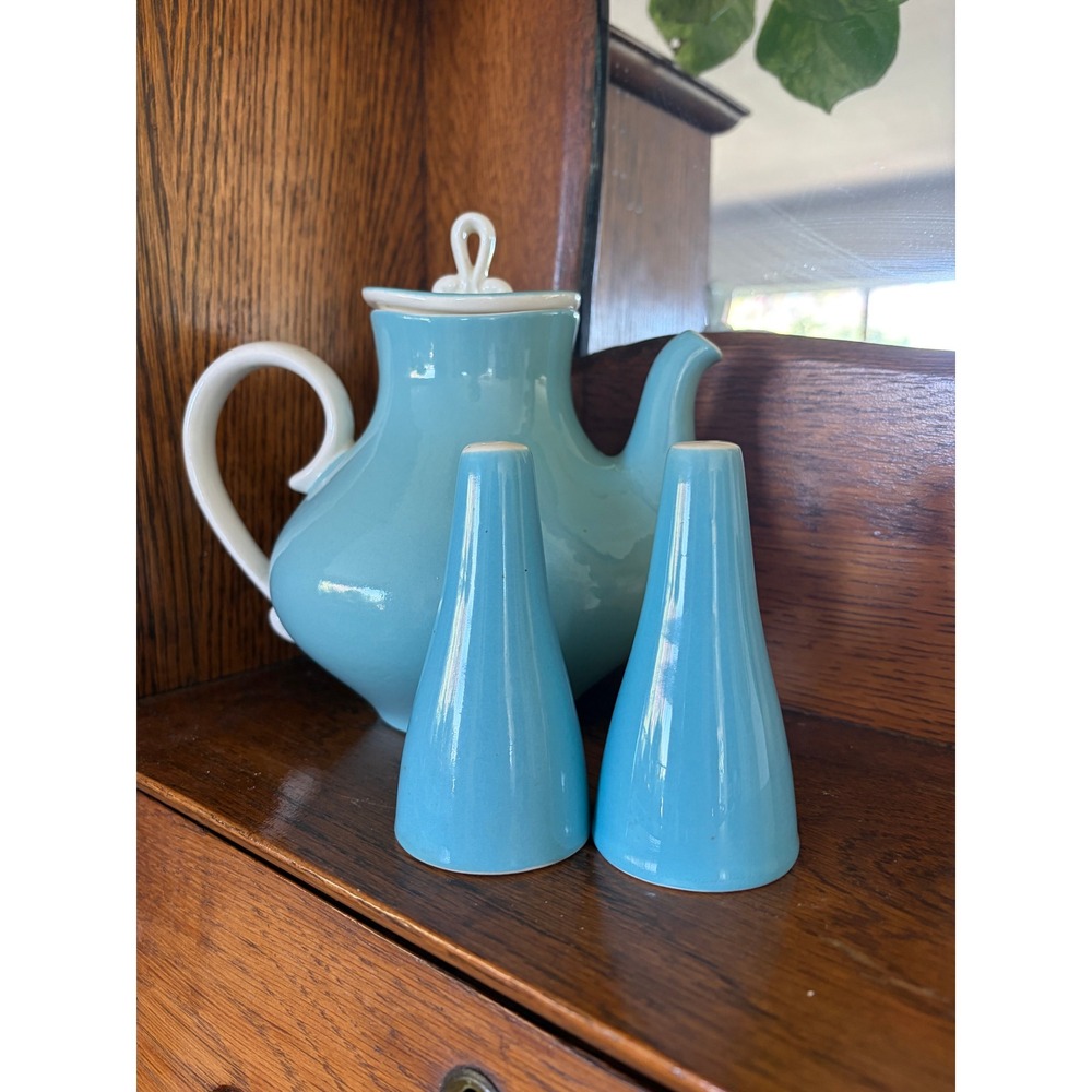 Vintage Mid Century Modern Turquoise Blue Ceramic Teapot & Shaker Set MCM Retro